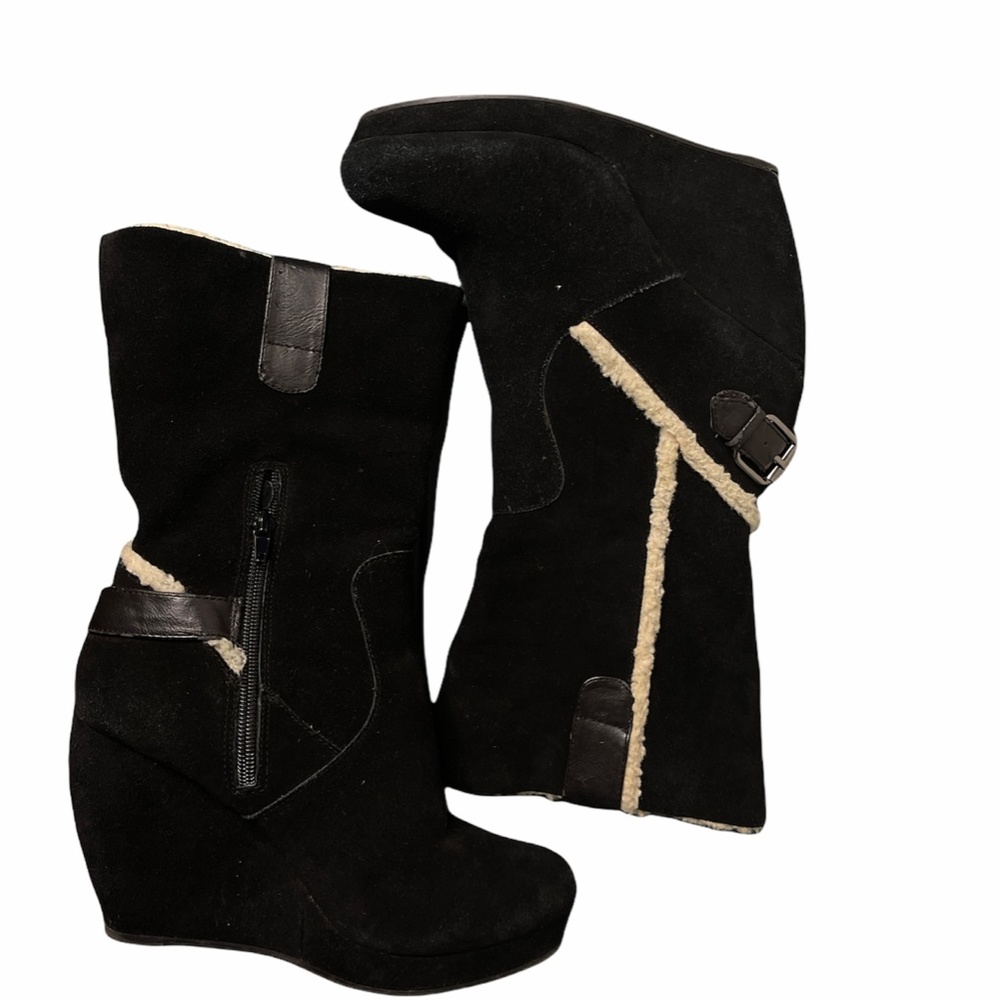 Black Wedge Mid Calf Boots with Fur
